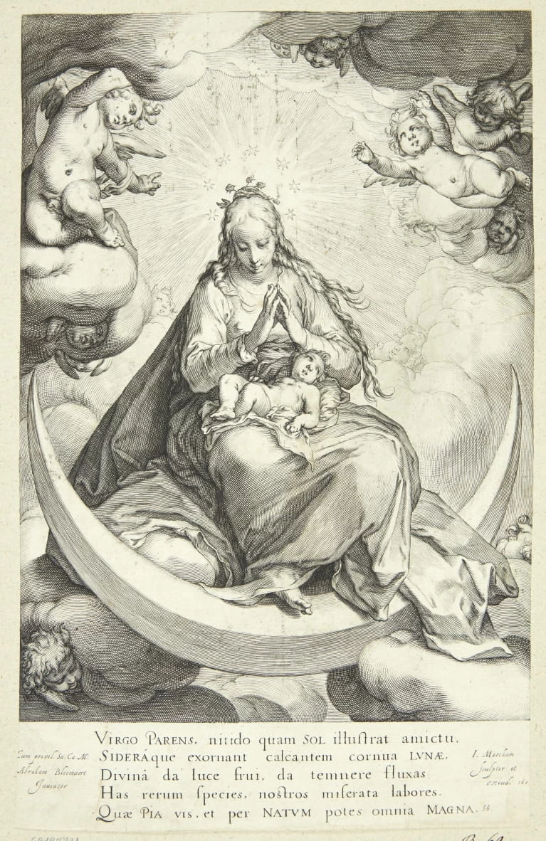 Vergine Maria con Gesù Bambino su sigillo a mezzaluna, circondata da angeli - Statens Museum for Kunst